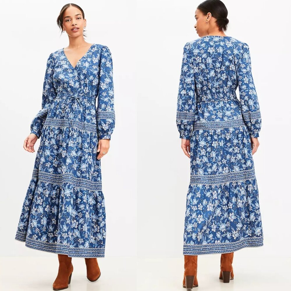 LOFT Blue Argentine Sea Floral Smocked Tie Waist Midi Dress V-Neck Size L